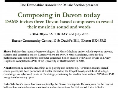 Talk: Composing in Devon today 2nd July 2016, 2.30pm