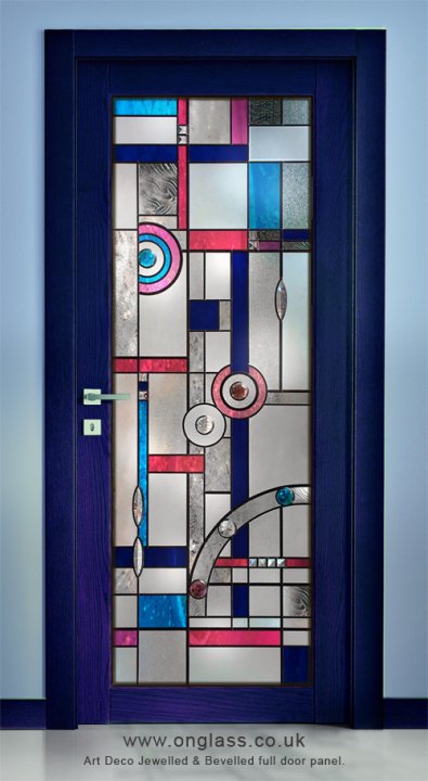 Art Deco Jewelled & Bevelled full toughened safety glass door.