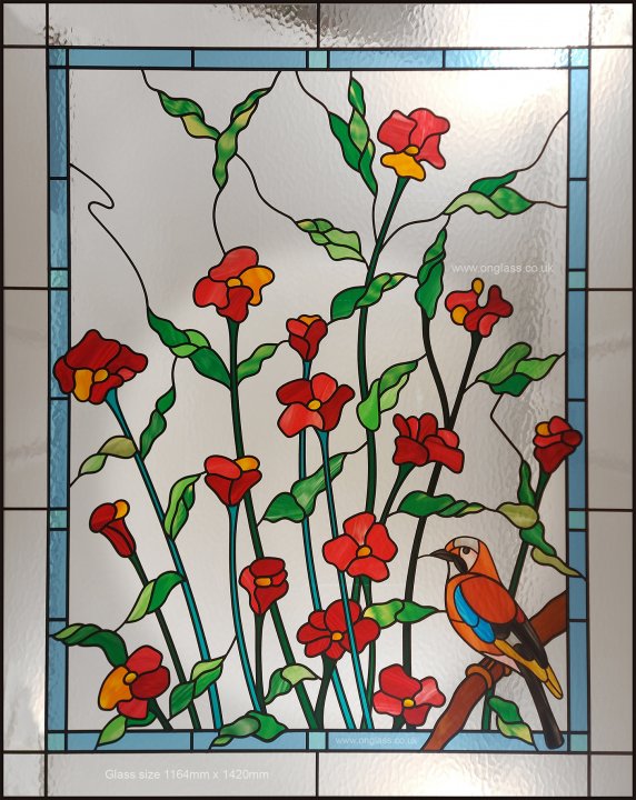Floral window pattern with a Jay bird