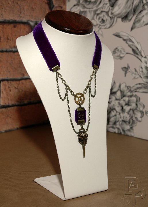 Purple Velvet & Brass Cog Steampunk Necklace
