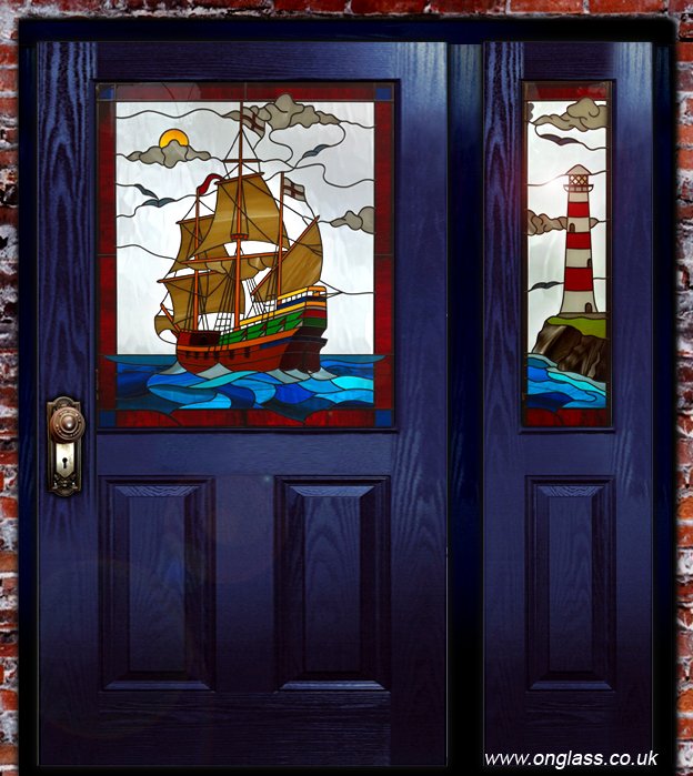 Stained glass - galleon, ship, boat, lighthouse design