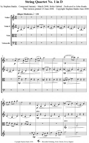 String Quartet in D - first page of the score