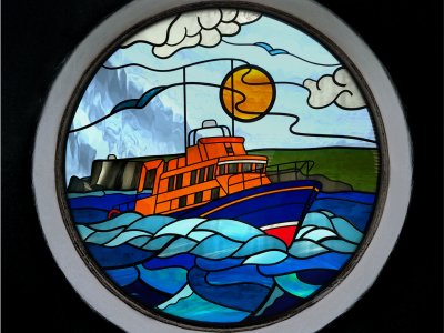 Brixham RNLI Lifeboat round stained glass porthole round window