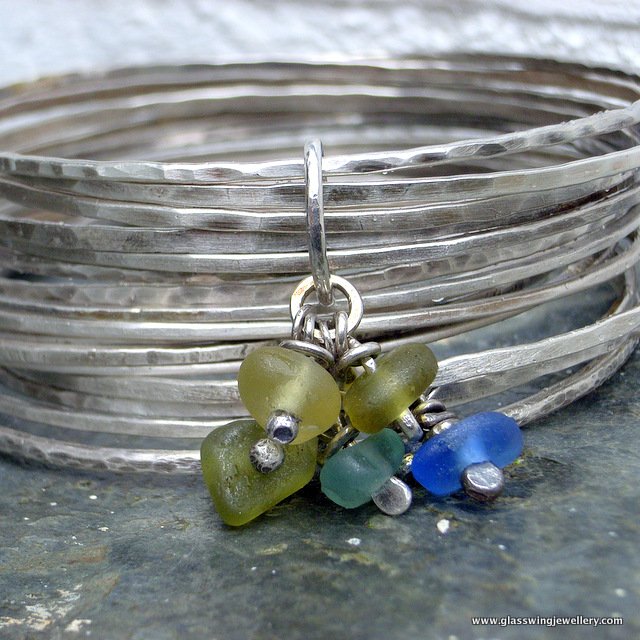 Recycled silver bangles with sea glass charms