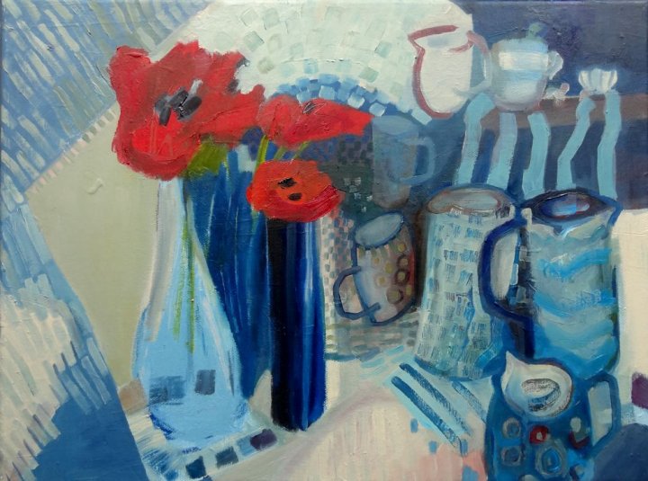 Red Tulips, blue jugs