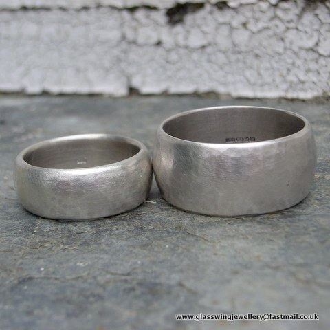 Soft organic hammered recycled silver wedding ring set